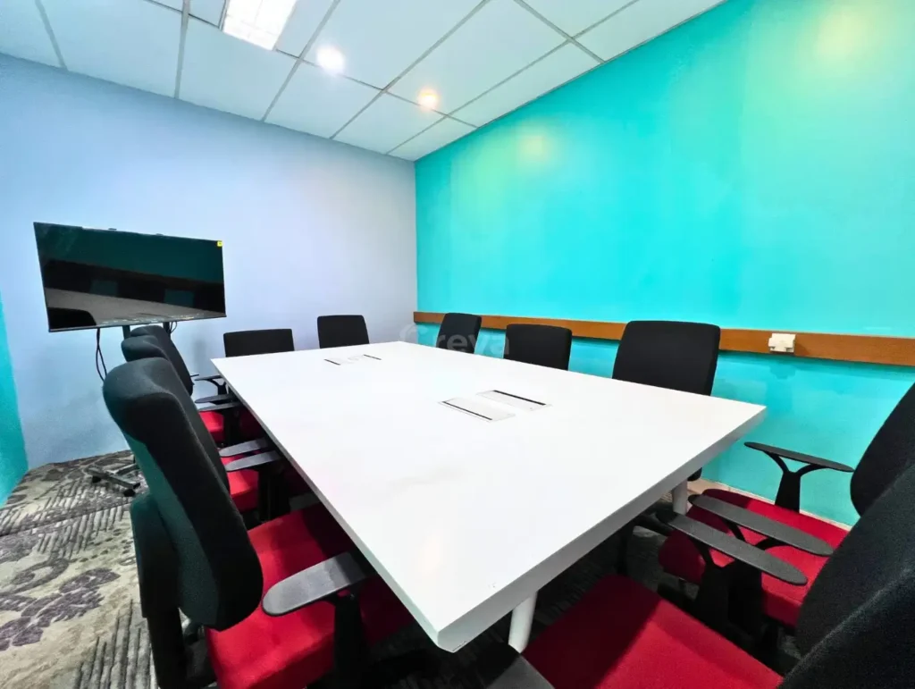 Fasilitas penting di Meeting Room, termasuk proyektor, Wi-Fi, dan furnitur ergonomis.